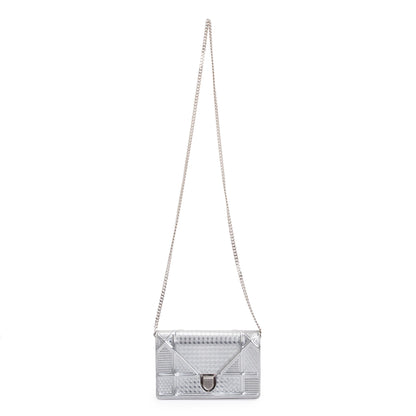Christian Dior Metallic Silver Cannage Patent Leather Diorama Wallet on Chain