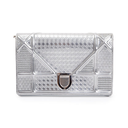 Christian Dior Metallic Silver Cannage Patent Leather Diorama Wallet on Chain