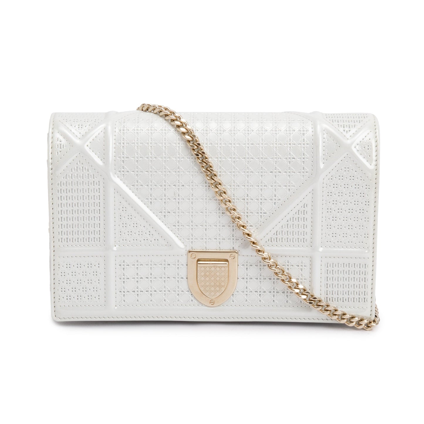 Christian Dior Metallic White Microcannage Patent Leather Diorama Wallet on Chain
