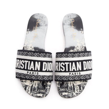 Christian Dior Navy Embroidered Cotton Dway Slide, Size 35