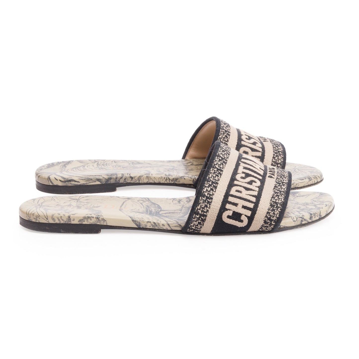 Christian Dior Neutral/Navy Embroidered Cotton Dway Slide, Size 37