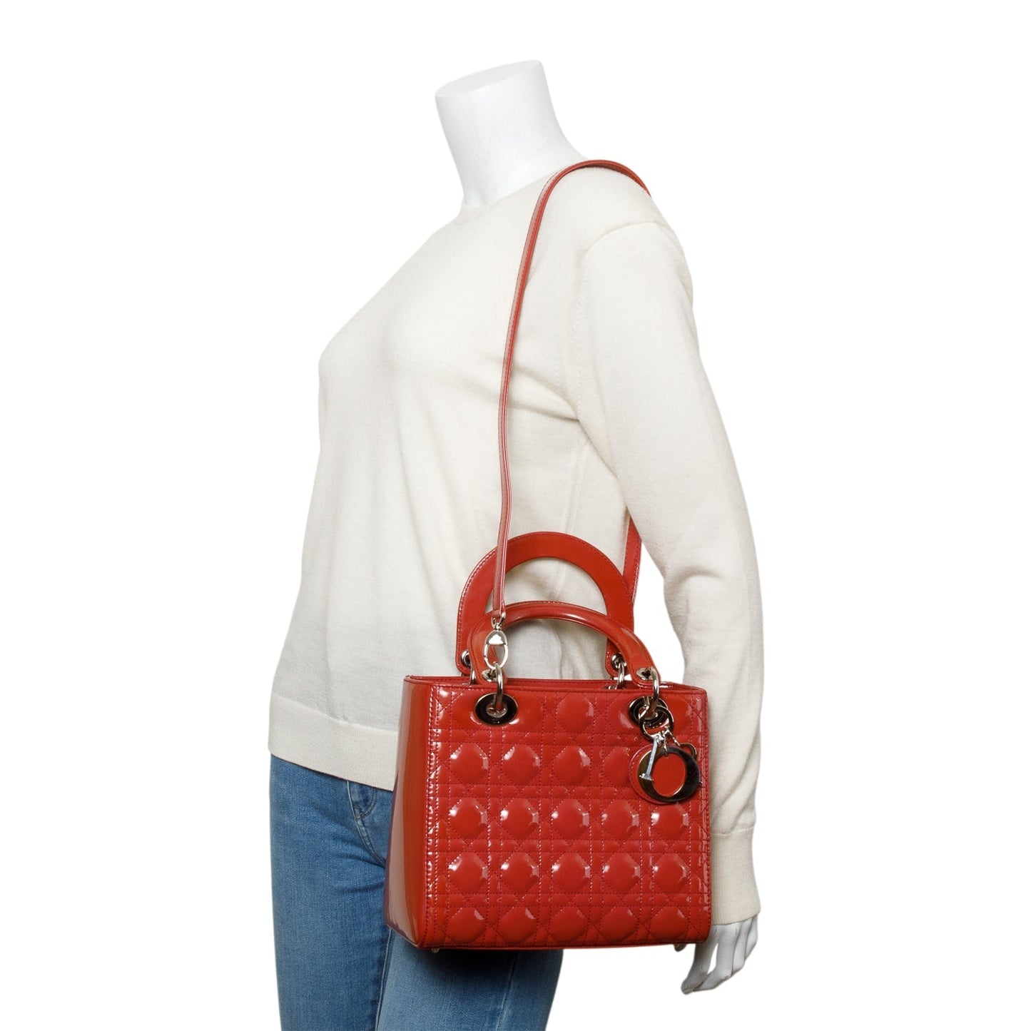 Christian Dior Red Cannage Patent Leather Small Lady Dior Bag