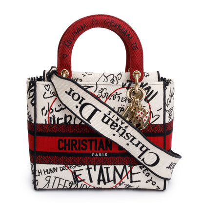Christian Dior Red/White/Black Canvas Dioramour Graffiti Medium Lady Di-Lite Bag