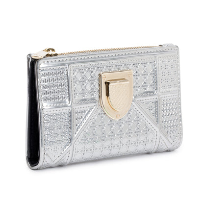 Christian Dior Silver Metallic Patent Leather Diorama Compact Wallet