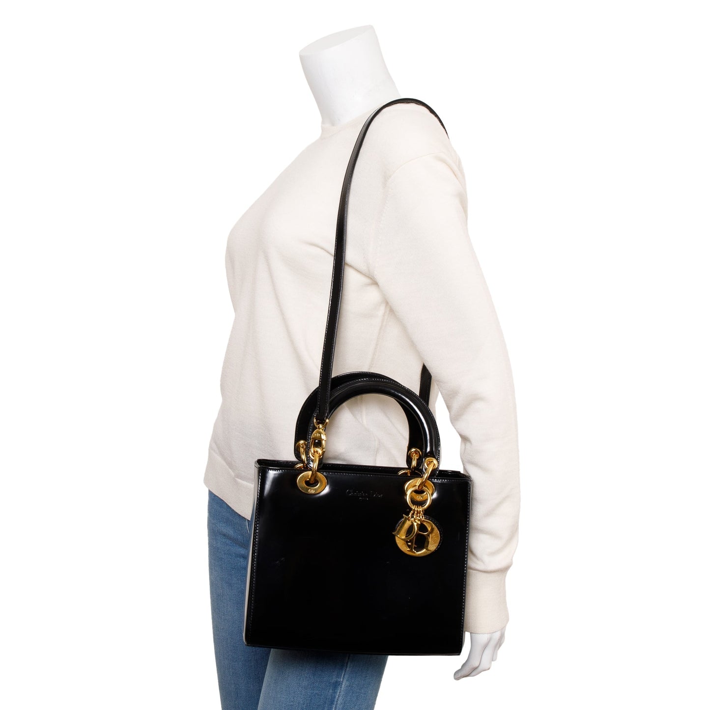 Christian Dior Vintage Black Patent Leather Medium Lady Dior Bag