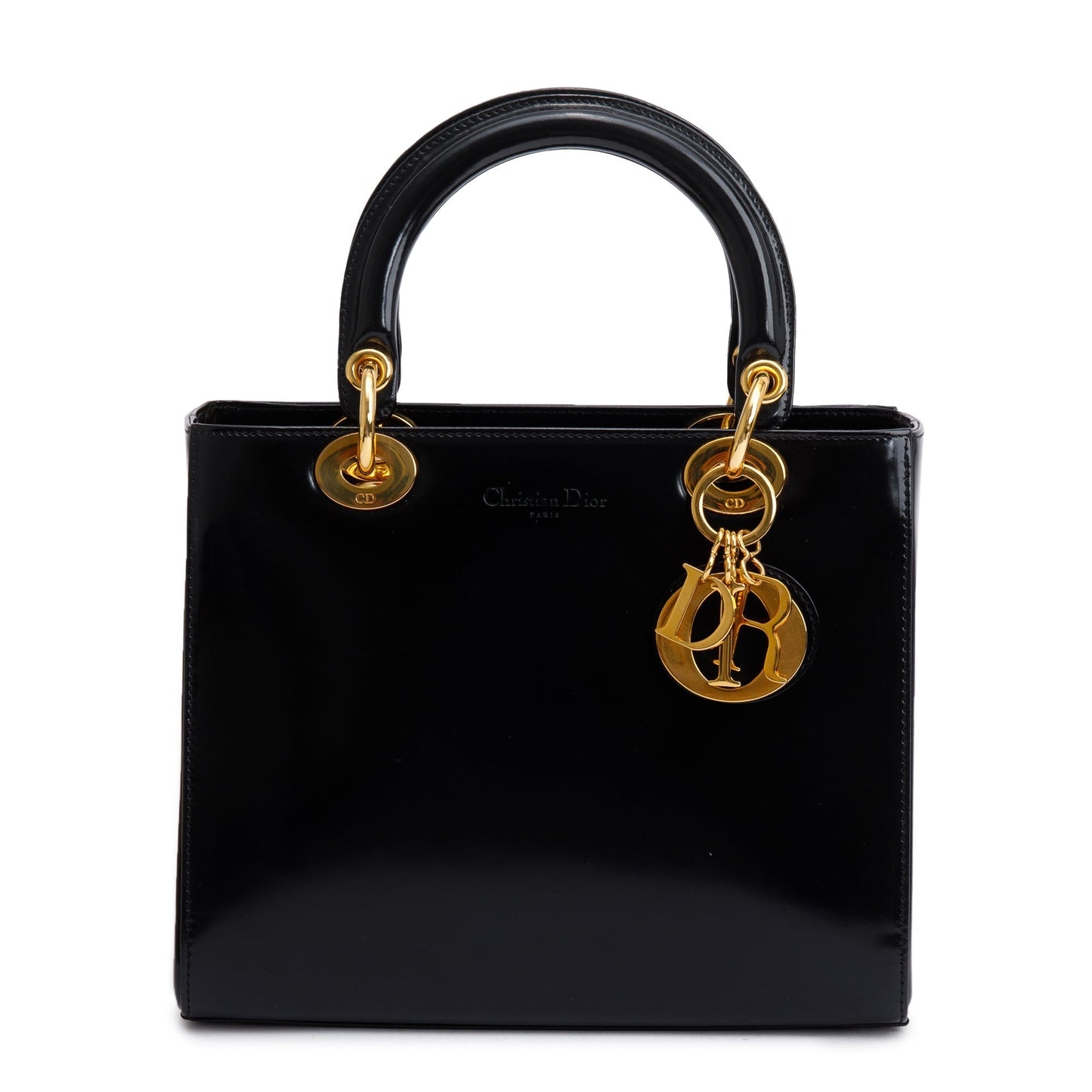 Christian Dior Vintage Black Patent Leather Medium Lady Dior Bag