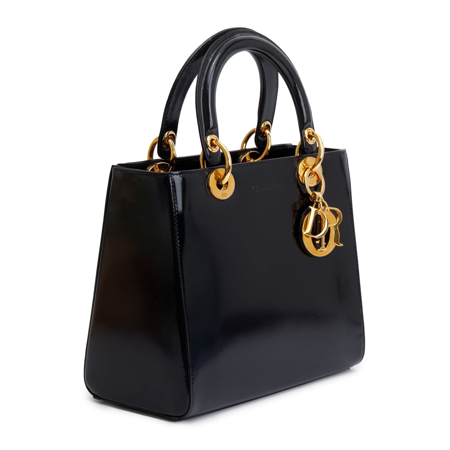 Christian Dior Vintage Black Patent Leather Medium Lady Dior Bag