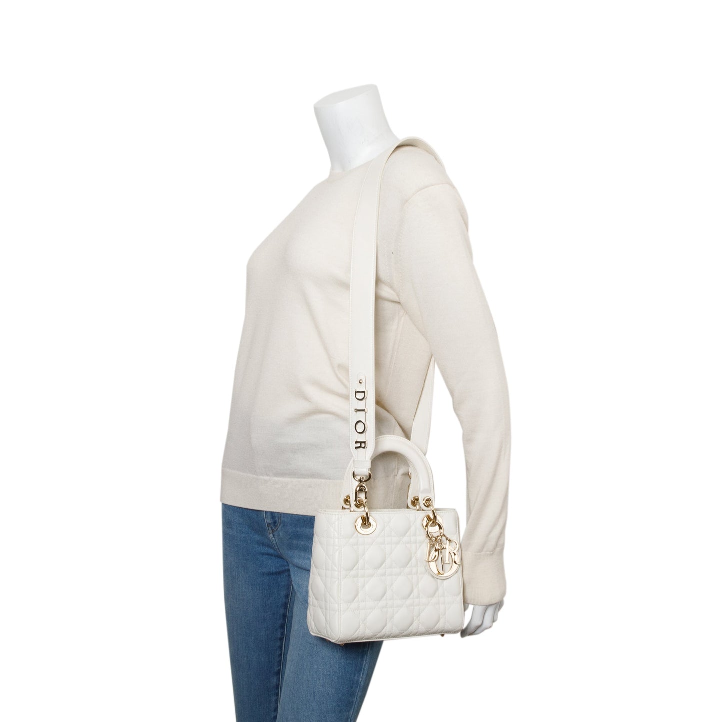 Christian Dior White Cannage Leather Small Lady Dior Bag