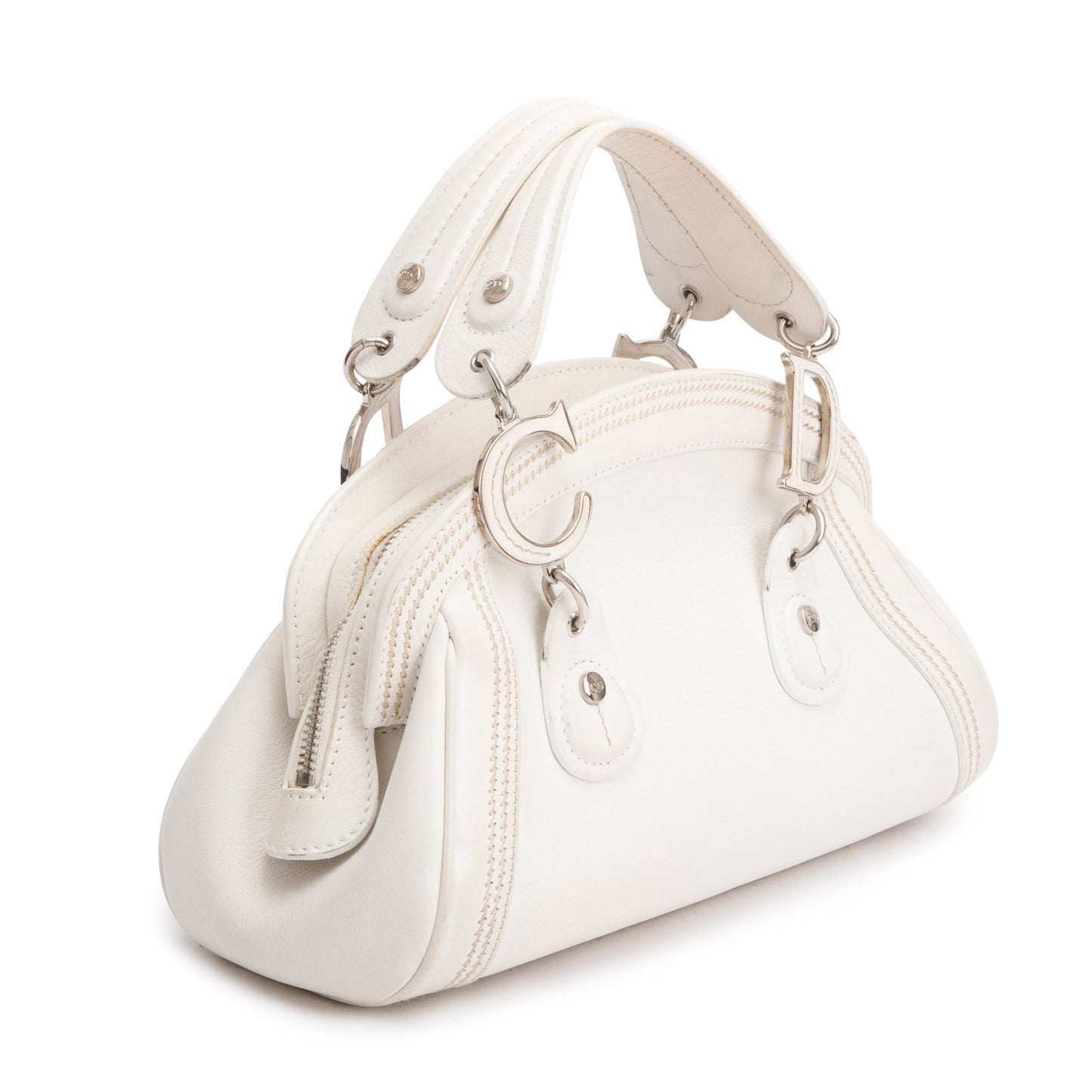 Christian Dior White Embroidered Calfskin Leather Small Detective Bag
