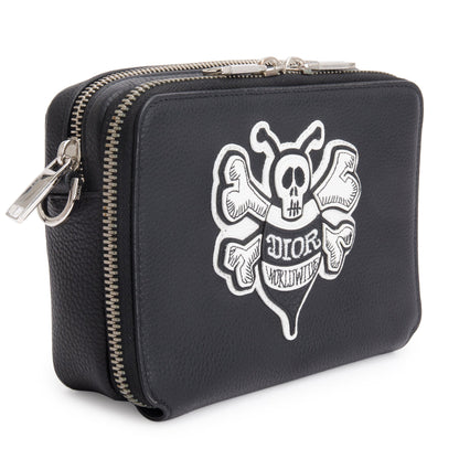 Christian Dior x Shawn Stussy Black Calfskin Leather Double Zip Crossbody Bag