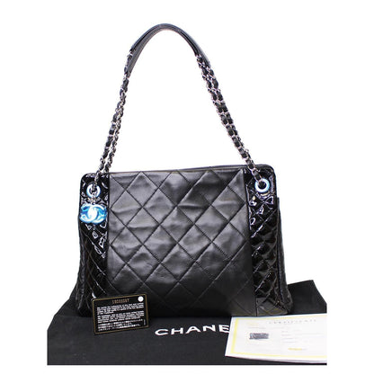 CHANEL CC Charm Quilted Lambskin Patent Leather Tote Bag Black