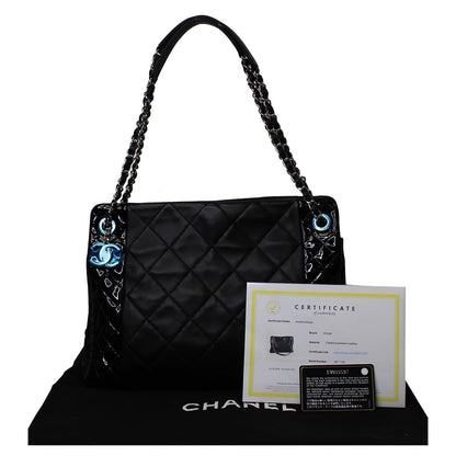 CHANEL CC Charm Quilted Lambskin Patent Leather Tote Bag Black
