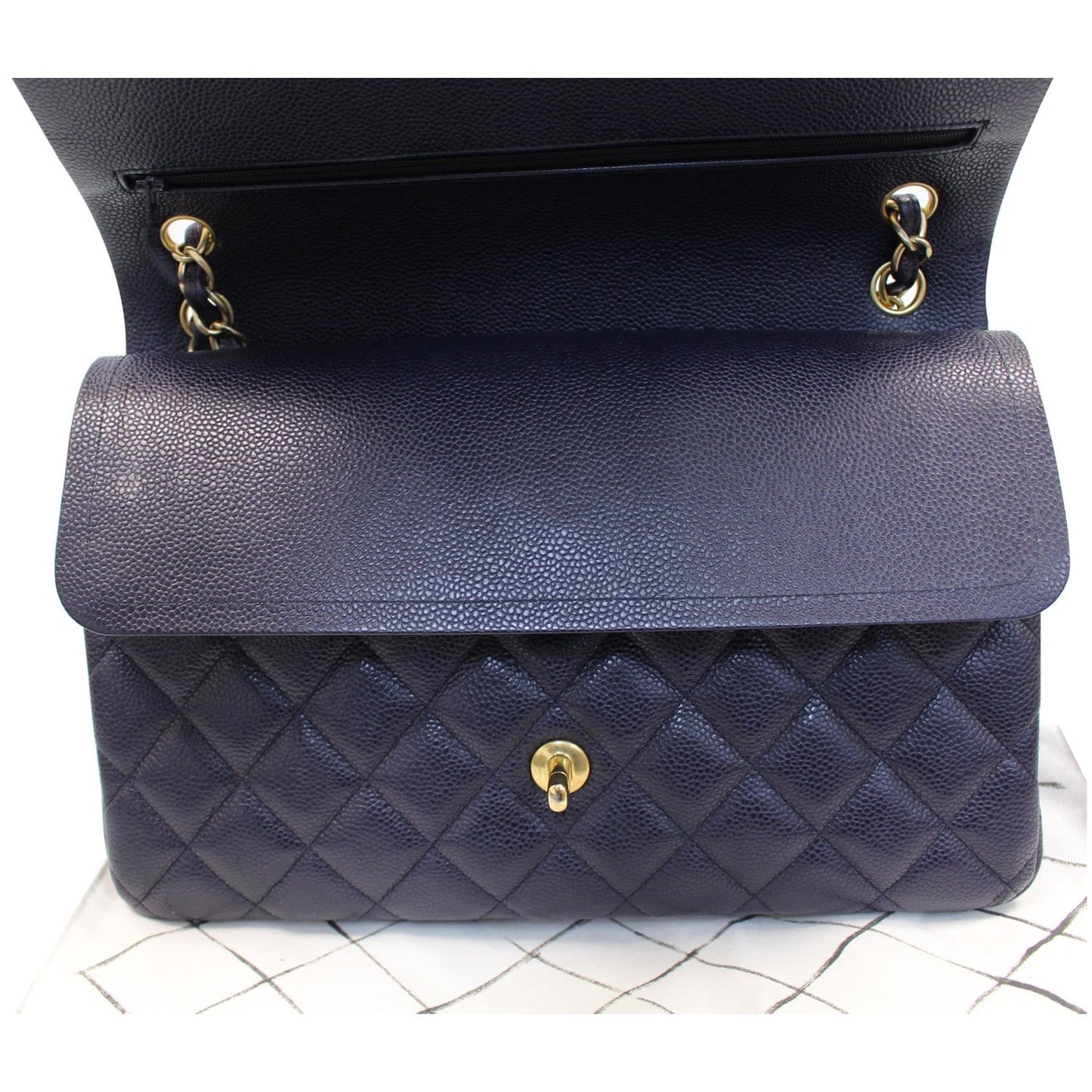 CHANEL Jumbo Double Flap Caviar Leather Shoulder Bag Navy Blue