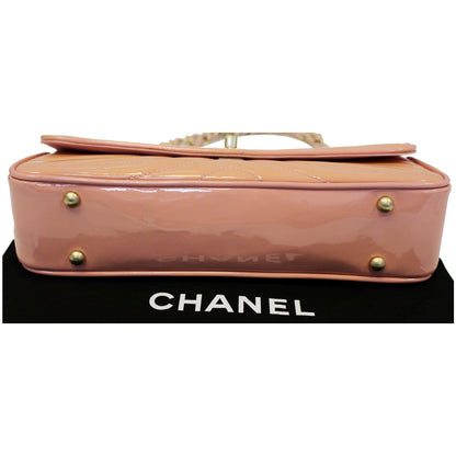 CHANEL Patent Leather Flap Shoulder Bag Peach