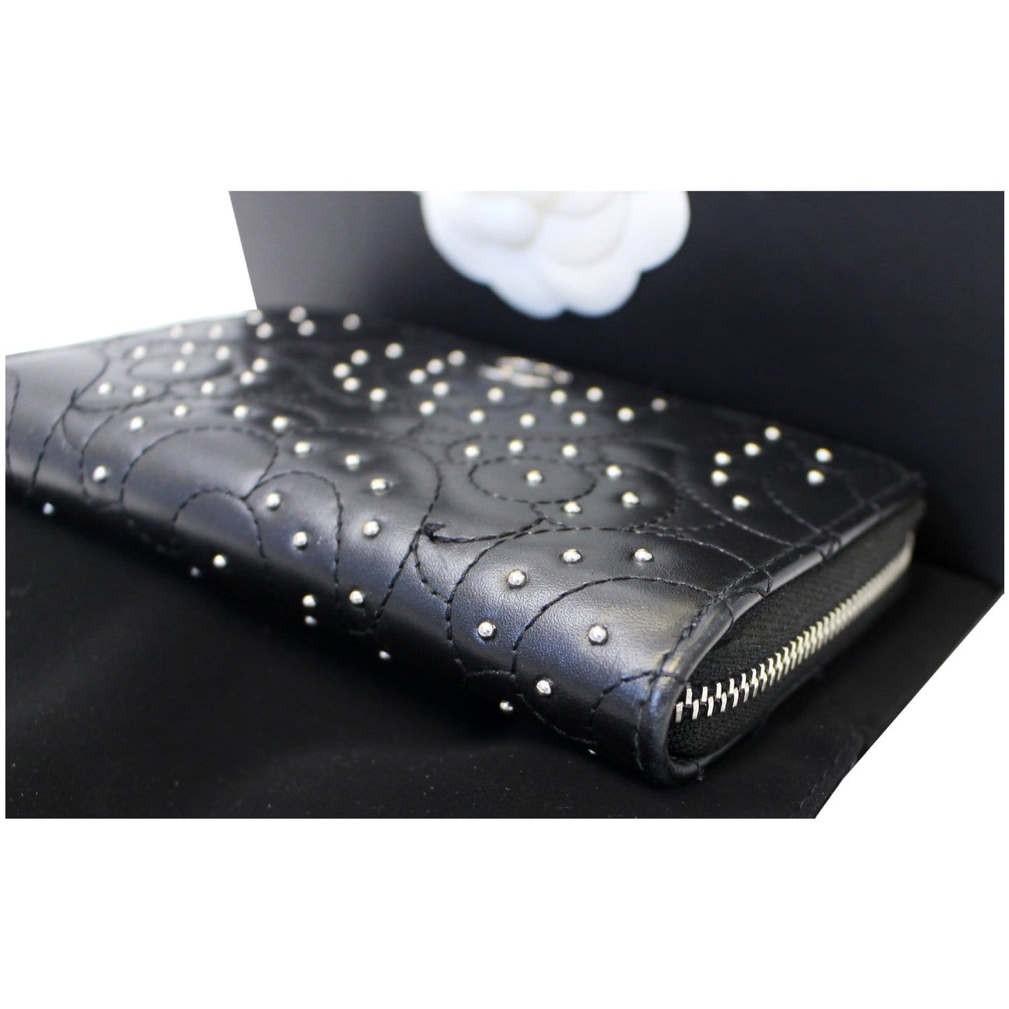 CHANEL Camellia Long Zippy studded Wallet Black