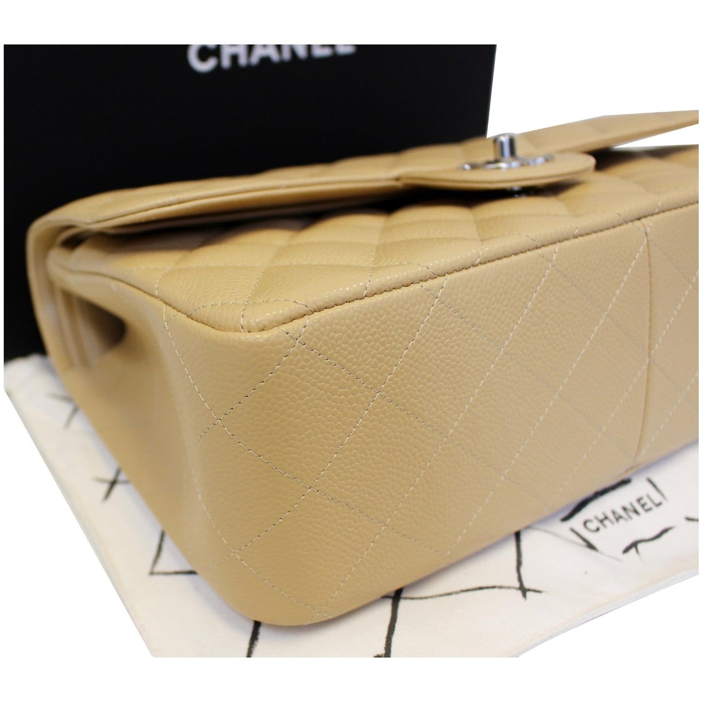 CHANEL Timeless Classic Jumbo Double Flap Caviar Leather Shoulder Bag Beige