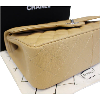 CHANEL Timeless Classic Jumbo Double Flap Caviar Leather Shoulder Bag Beige