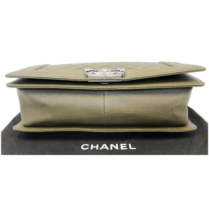 CHANEL Medium Boy Flap Caviar Leather Shoulder Bag Olive Green