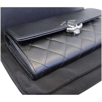 CHANEL Grained Leather Long Flap Wallet Silver-Tone Metal