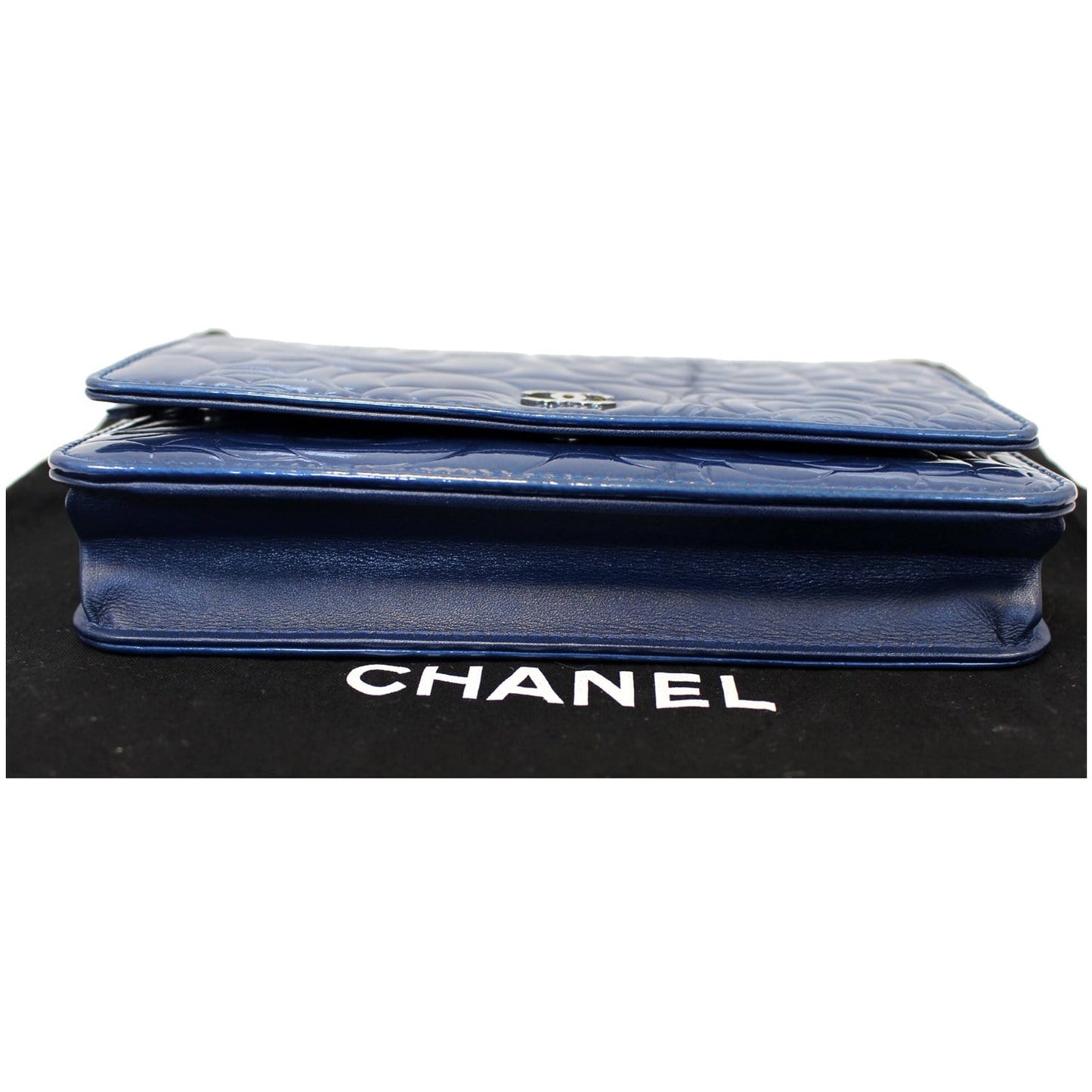 CHANEL Camellia Patent Leather Wallet on Chain WOC Royal Blue