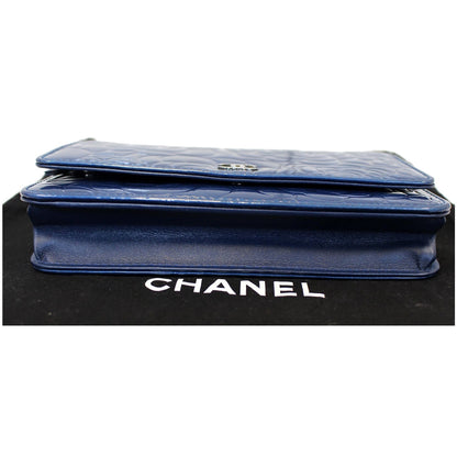 CHANEL Camellia Patent Leather Wallet on Chain WOC Royal Blue