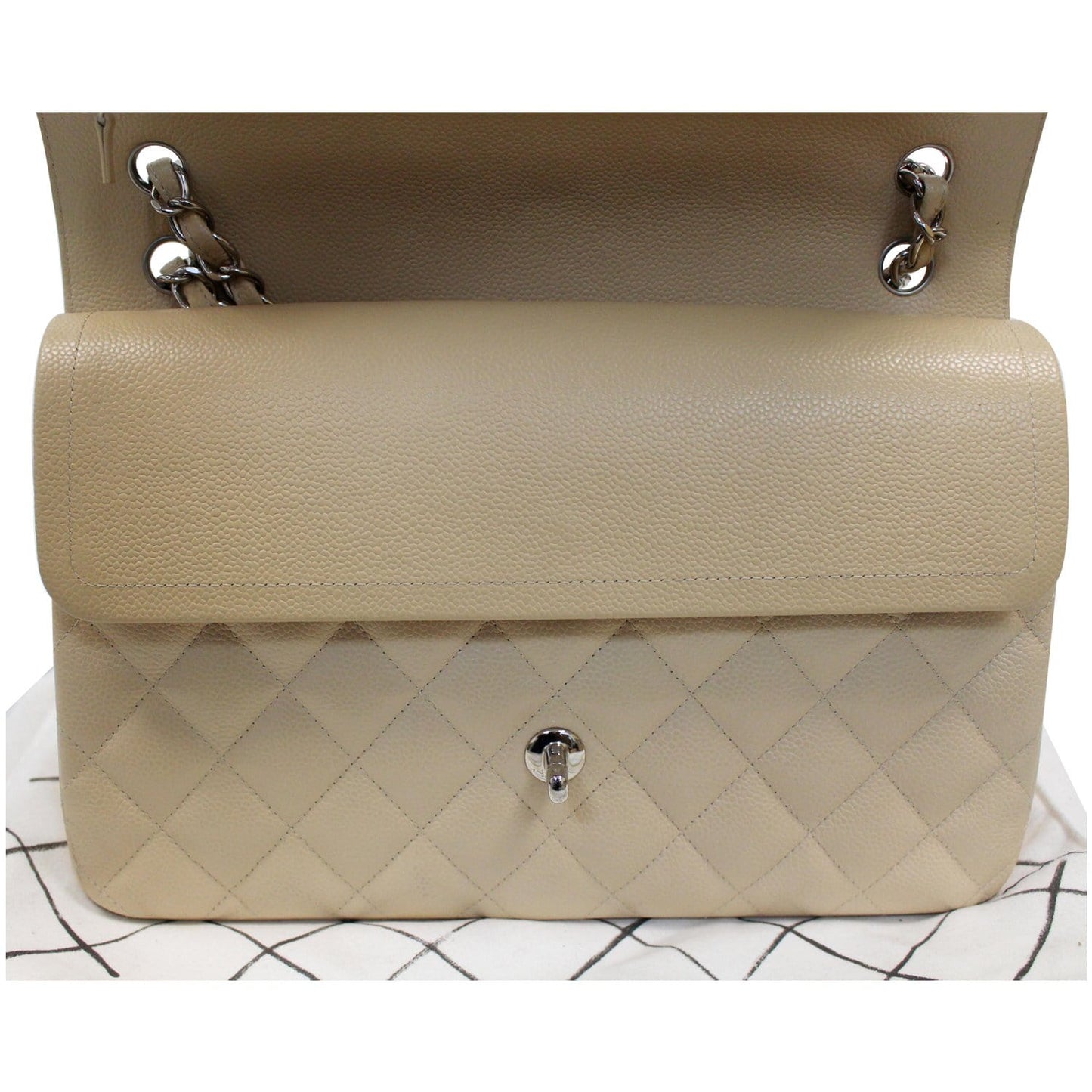 CHANEL Jumbo Double Flap Caviar Leather Shoulder Bag Beige