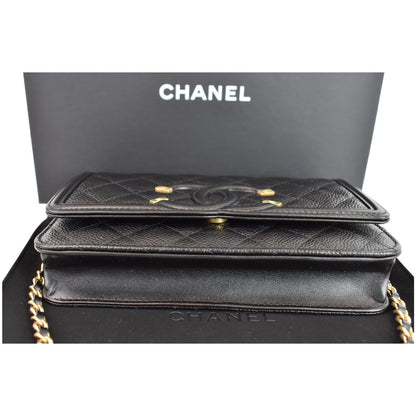 CHANEL CC Filigree Small Flap Caviar Leather Shoulder Bag Black