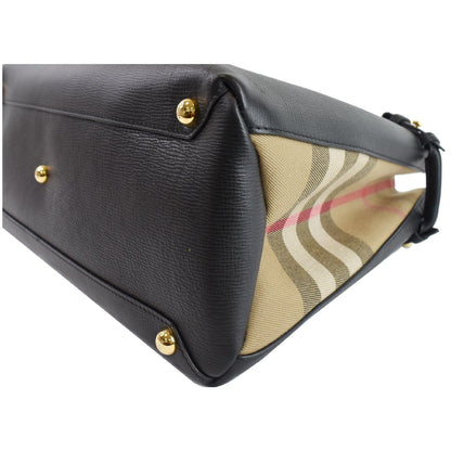 BURBERRY Large Banner House Check Leather  Tote Shoulder Bag Black