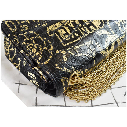 CHANEL Reissue 2.55 Flap Crocodile Embossed Graffiti Shoulder Bag Black