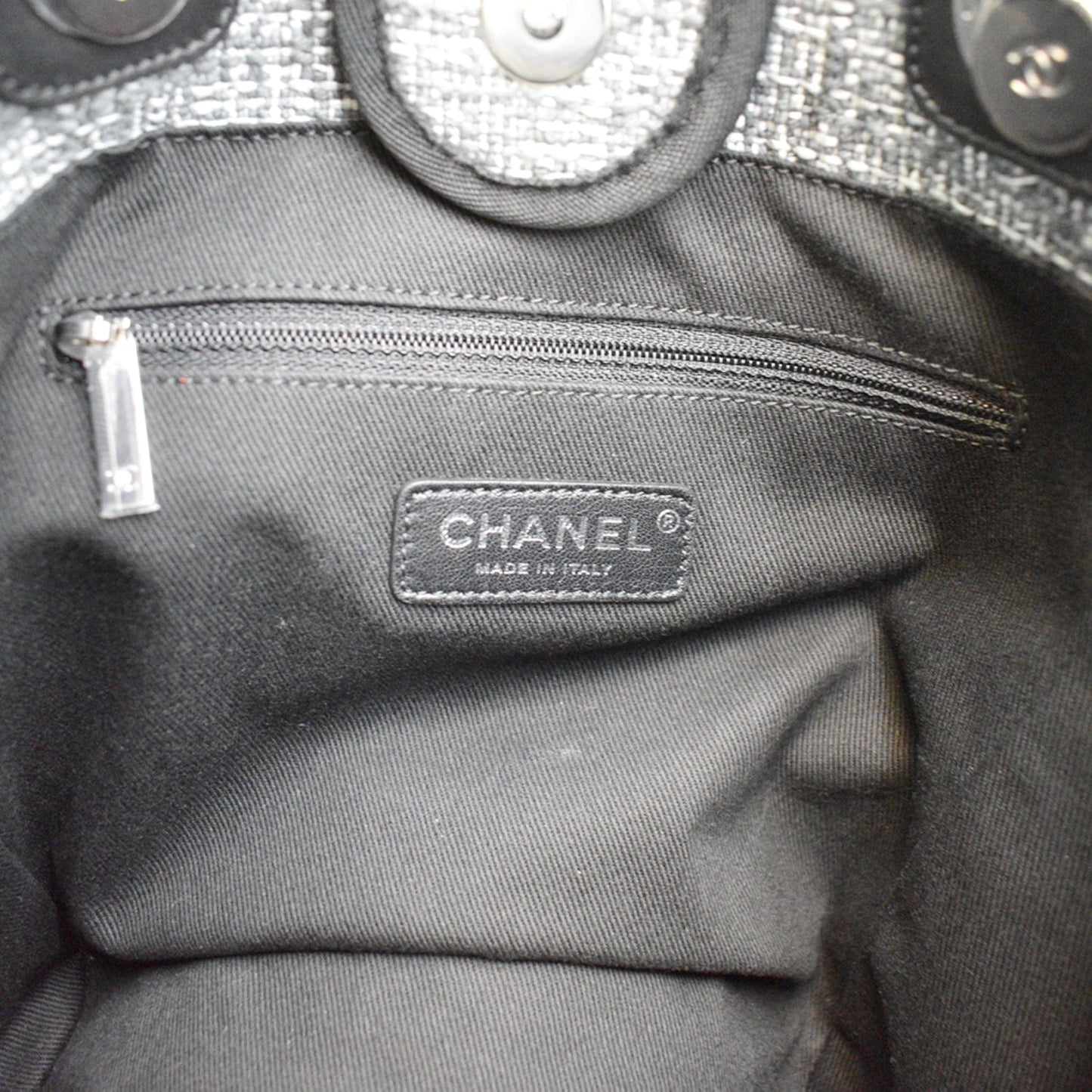 CHANEL Deauville Small Lurex Boucle Canvas Tote Bag Grey