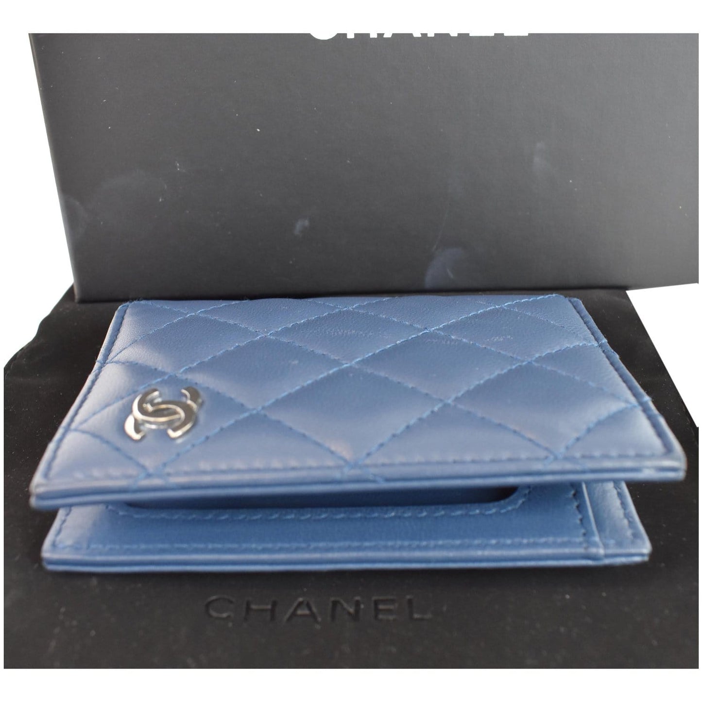 CHANEL Classic Folded Leather Card Holder Wallet Blue