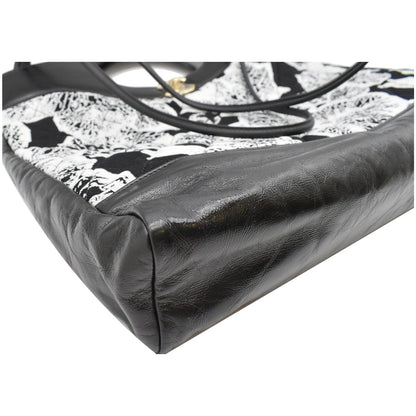 CHANEL 31 Printed Cotton Leather Shopping Shoulder Bag Black