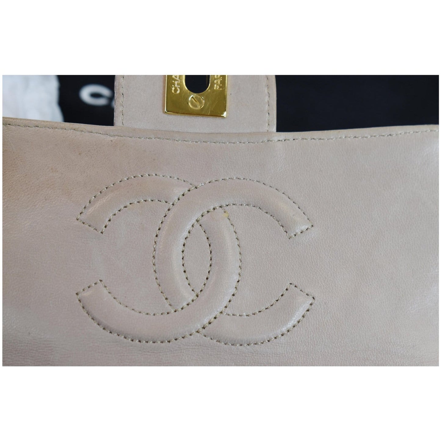 CHANEL Vintage Mini Square Flap Lizard Shoulder Bag Beige/Gold