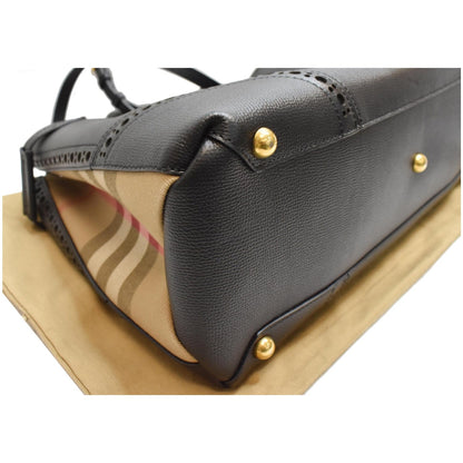 BURBERRY Large Banner Calfskin House Check Leather Tote Shoulder Bag Black