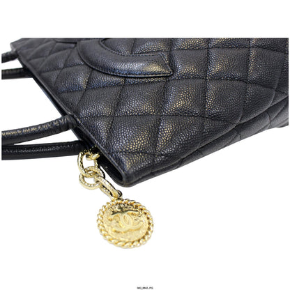 CHANEL Medallion Quilted Caviar Leather Tote Bag Black