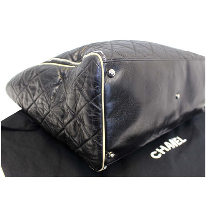 CHANEL East West Large Lambskin Quilted Leather Tote Shoulder Bag Black