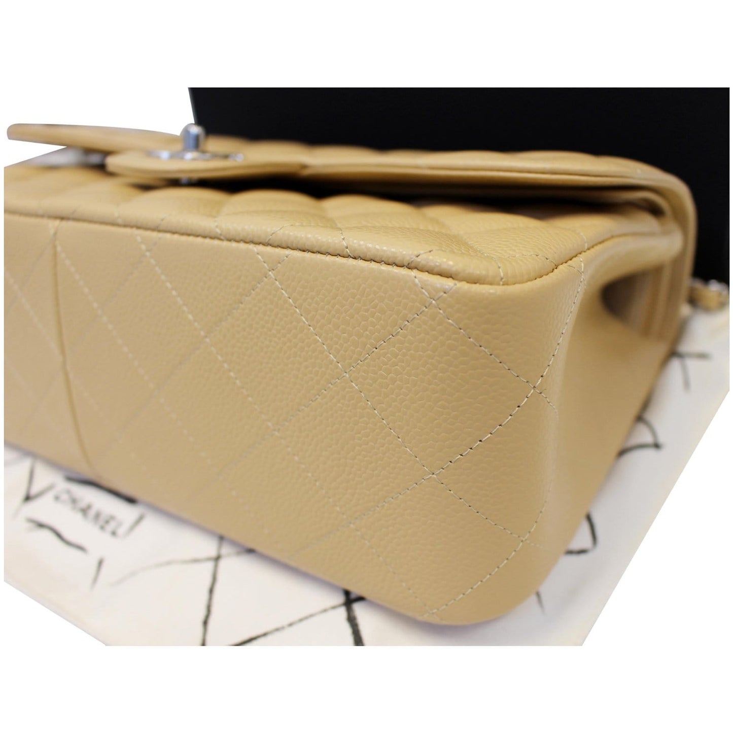 CHANEL Timeless Classic Jumbo Double Flap Caviar Leather Shoulder Bag Beige