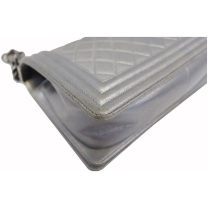 CHANEL Boy Medium Lambskin Leather Embroidered Shoulder Bag Silver - Last Call