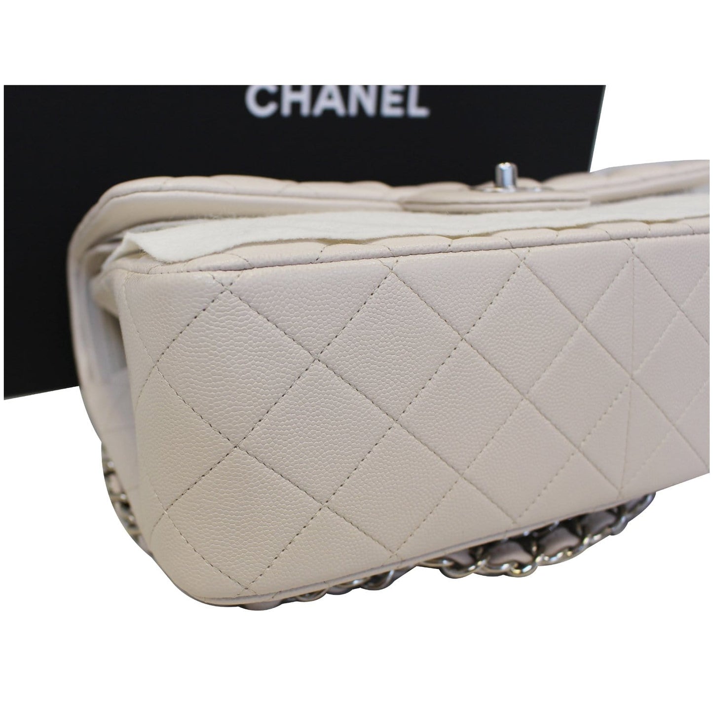 CHANEL Classic Jumbo Double Flap Caviar Leather Ivory Shoulder Bag