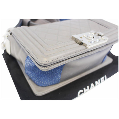 CHANEL Boy Flap with Stingray Lambskin Shoulder Bag Silver