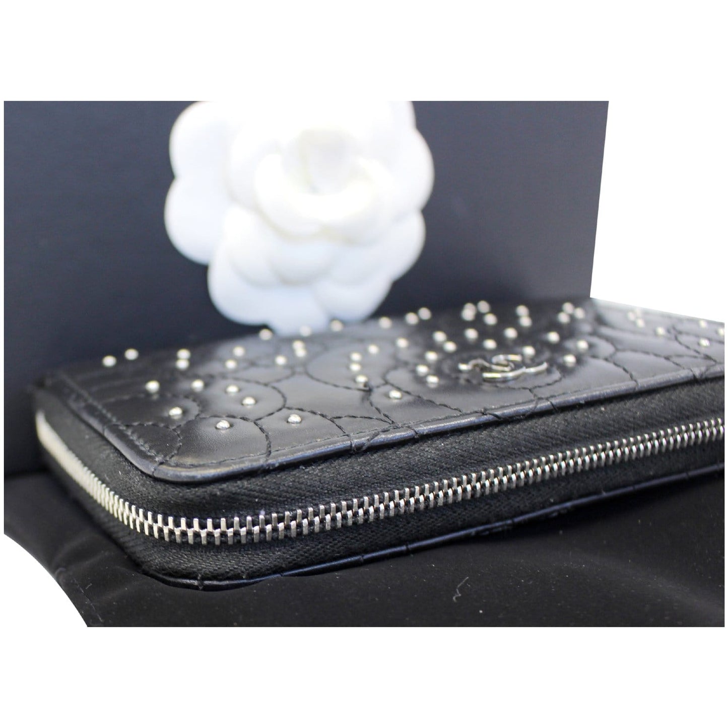 CHANEL Camellia Long Zippy studded Wallet Black