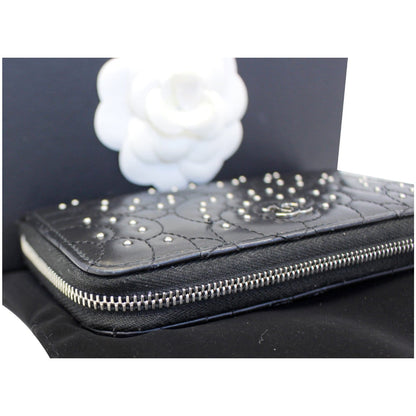 CHANEL Camellia Long Zippy studded Wallet Black