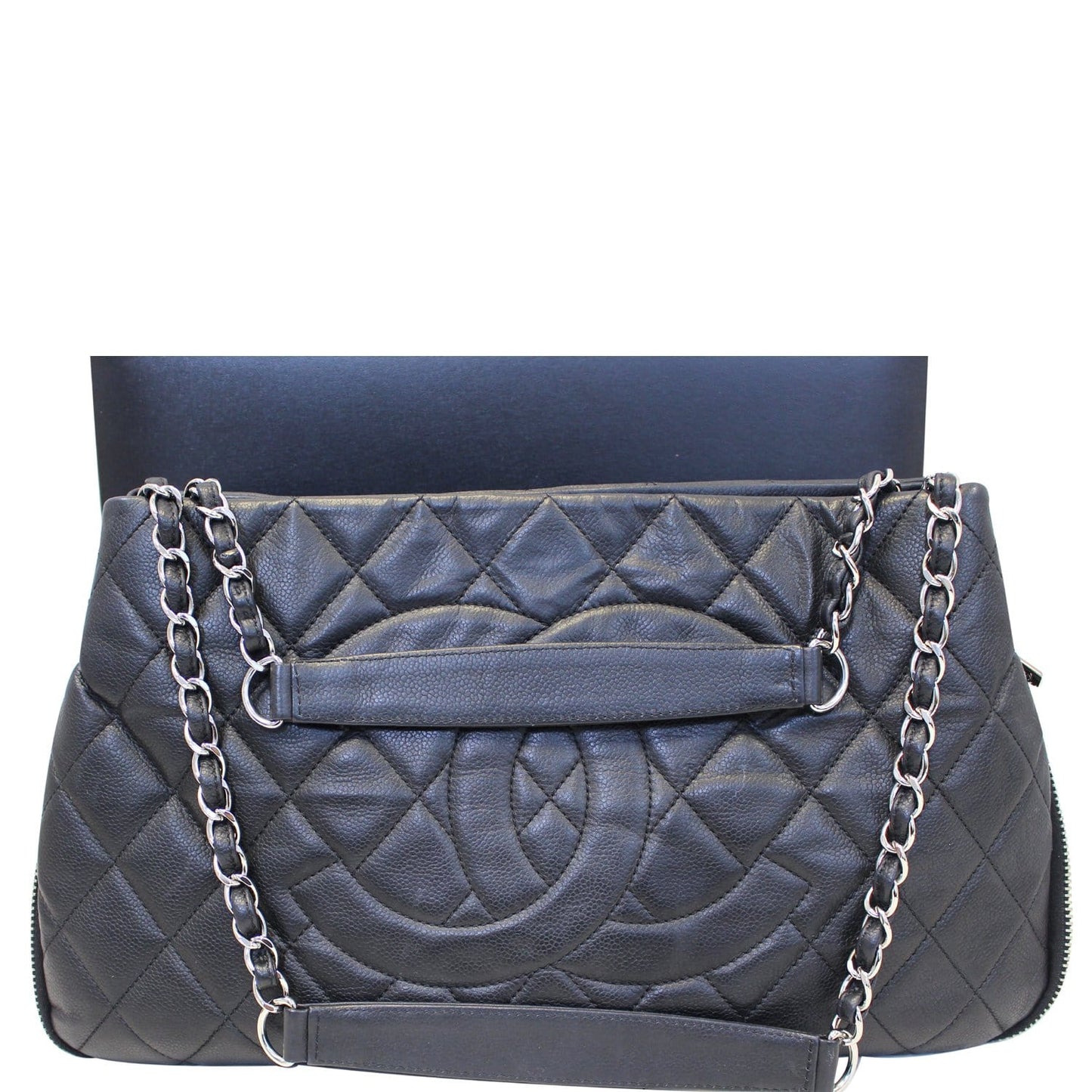 CHANEL Black Quilted Caviar Leather Zip Around Tote Bag