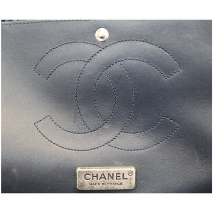 CHANEL Timeless Classic Double Flap Python Shoulder Bag Navy Blue