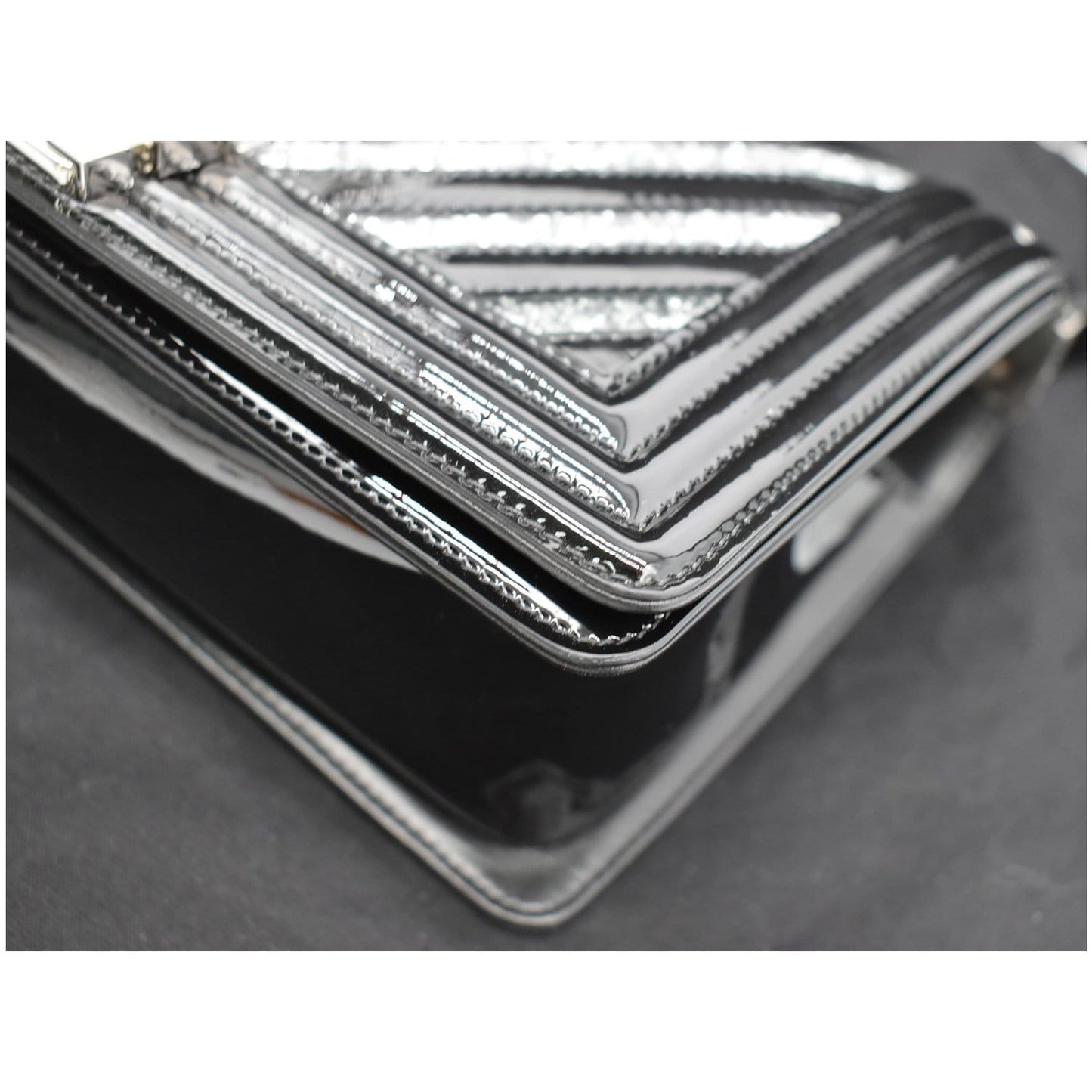 CHANEL Medium Boy Chevron Patent Glitter PVC Shoulder Bag Black