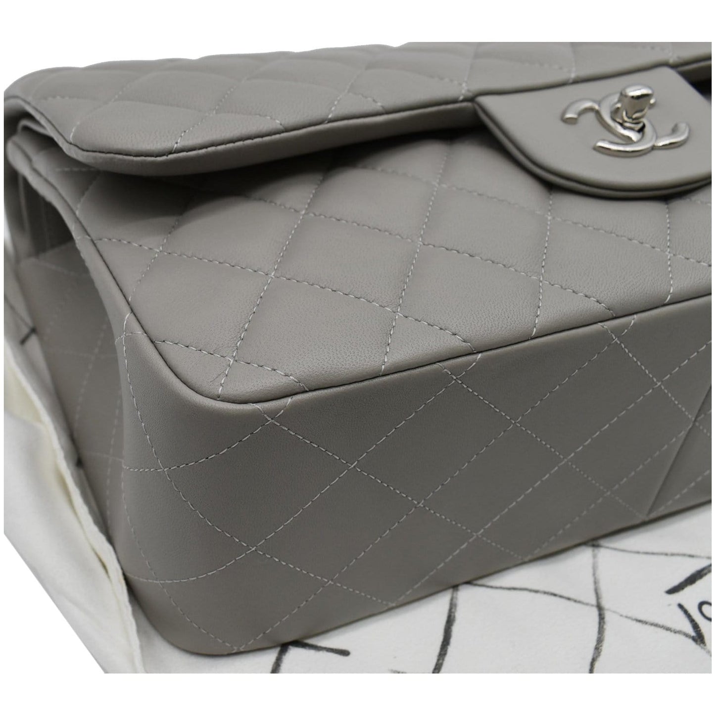 CHANEL Classic Jumbo Double Flap Lambskin Leather Shoulder Bag Grey