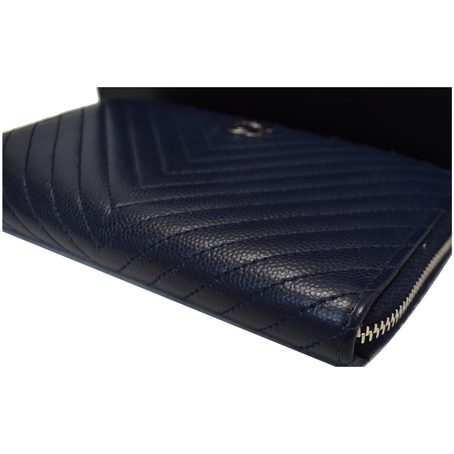 CHANEL Large Gusset Caviar Chevron Quilted Zip Around Wallet Bright Blue
