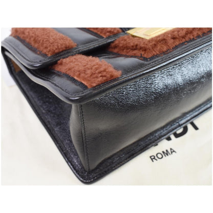 FENDI Kan U Medium Shearling Patent Leather Shoulder Bag Brown