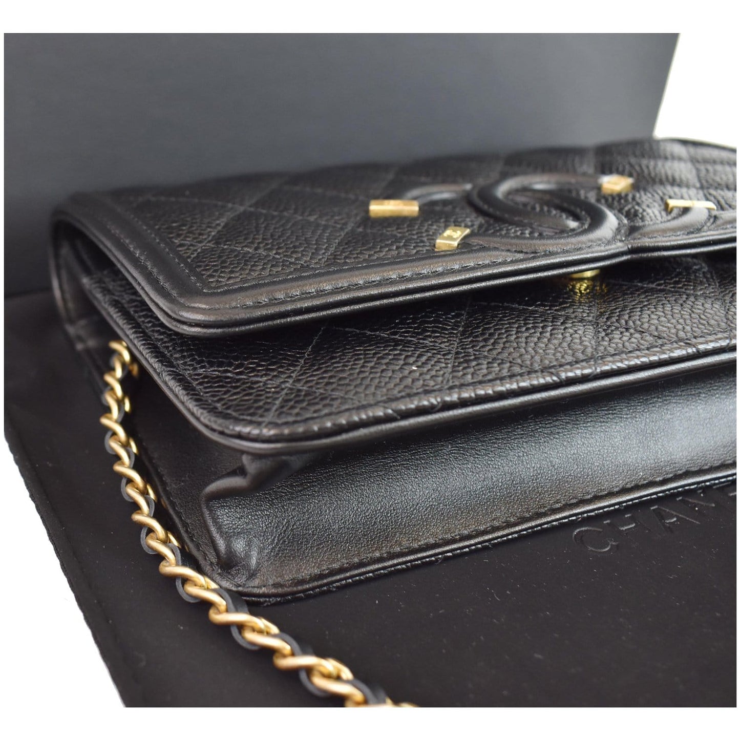CHANEL CC Filigree Small Flap Caviar Leather Shoulder Bag Black