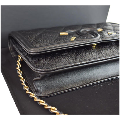 CHANEL CC Filigree Small Flap Caviar Leather Shoulder Bag Black